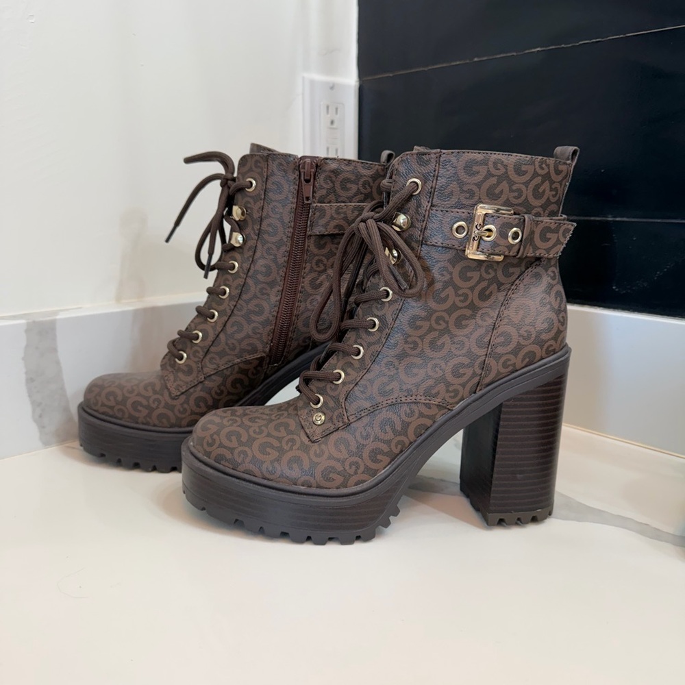 GBG Los Angeles Brown Lace-Up Platform Ankle Boots with Buckle Accent